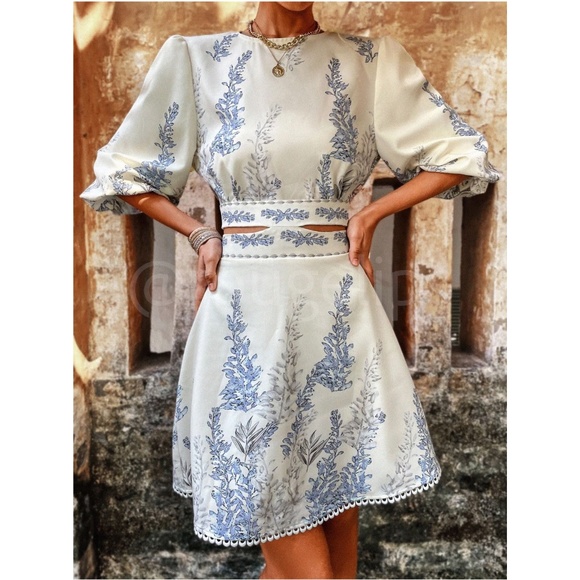 Floral Blue on Cream Light Beige Puff Sleeve Cut Out Waist Mini Dress - Picture 10 of 16